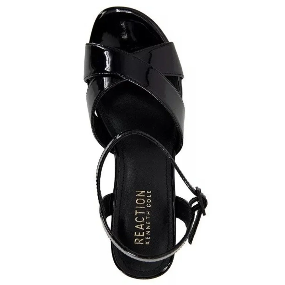 Kenneth Cole Reaction Reeva Platform Sandals Black Patent Block Heel Size 8